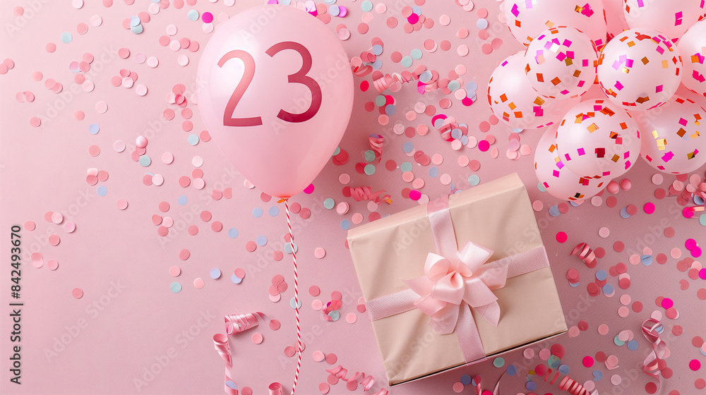 The Twenty-third birthday is a special day, so a gift in an elegant box with a balloon in the shape of the number 23, colorful confetti and bows on a delicate background of pastel colors The Twenty-third birthday is a special day, so a gift in an elegant box with a balloon in the shape of the number 23, colorful confetti and bows on a delicate background of pastel colors
