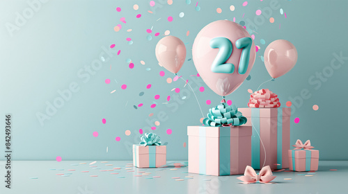 The Twenty-seventh birthday is a special day, so a gift in an elegant box with a balloon in the shape of the number 27, colorful confetti and bows on a delicate background of pastel colors