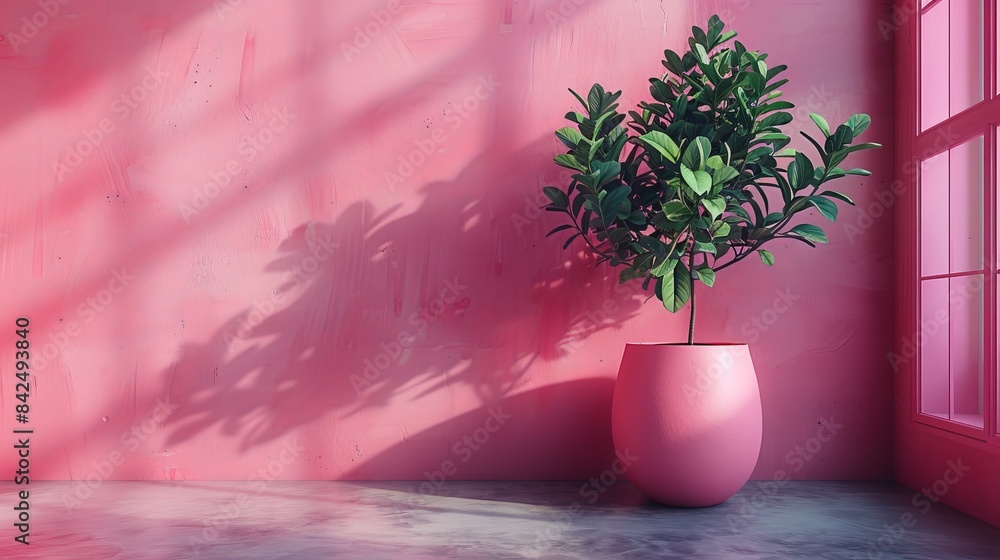 Fototapeta premium Minimalist Greenery: Potted Plant Against a Pink Wall.