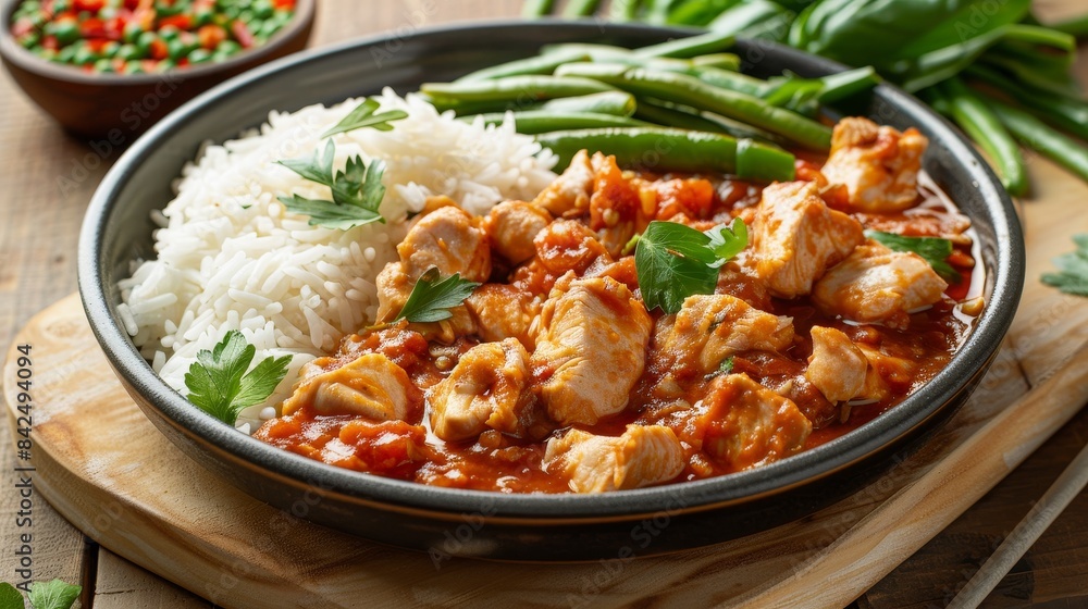 Appetizing chicken with tomato sauce, fluffy rice, and fresh green beans, isolated background, studio lighting, style raw Appetizing chicken with tomato sauce, fluffy rice, and fresh green beans, isolated background, studio lighting, style raw