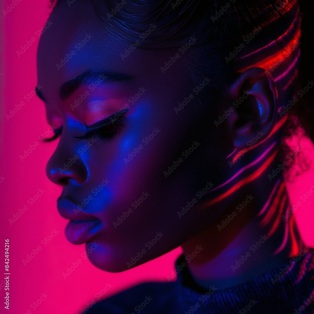 fashion Portrait of a black girl in pink lighting fashion Portrait of a black girl in pink lighting