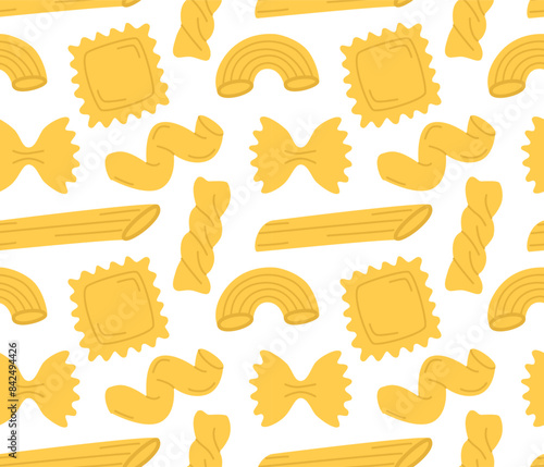 Seamless pattern with different pasta types. Vector cartoon background in flat style.	