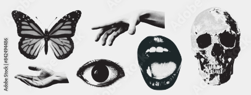 Halftone eyes, butterfly, hands, lips, scull collage element, texture dotted pop art. Y2k style, photo effect. Vector cutuot illustration. Sticker vintage comic trendy abstract element