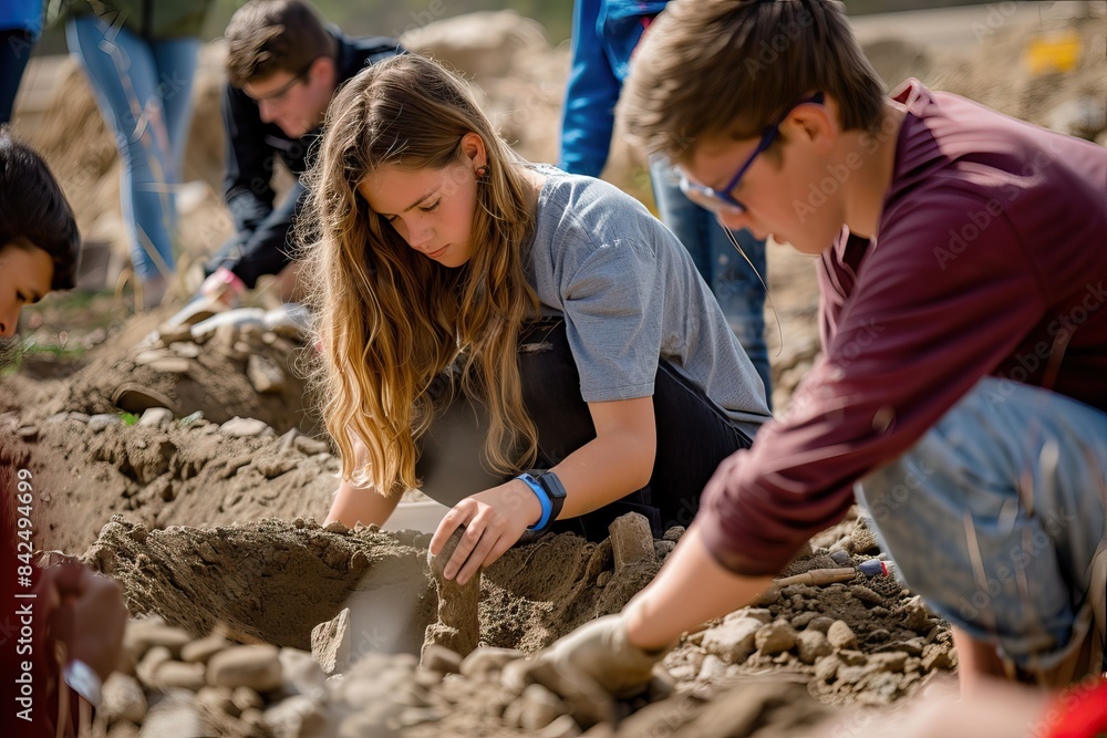Naklejka premium Teenagers engaging in an archaeology dig, uncovering artifacts in a field