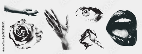 Halftone eyes, hands, lips, flower rose collage element, texture dotted pop art. Y2k style, photo effect. Vector cutuot illustration. Sticker vintage comic trendy abstract element