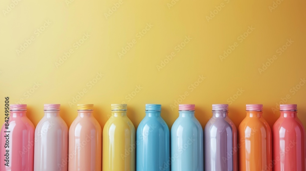 Aerial shot of insulated bottles, pastel colors, neatly arranged in rows, isolated background, studio lighting, style raw Aerial shot of insulated bottles, pastel colors, neatly arranged in rows, isolated background, studio lighting, style raw