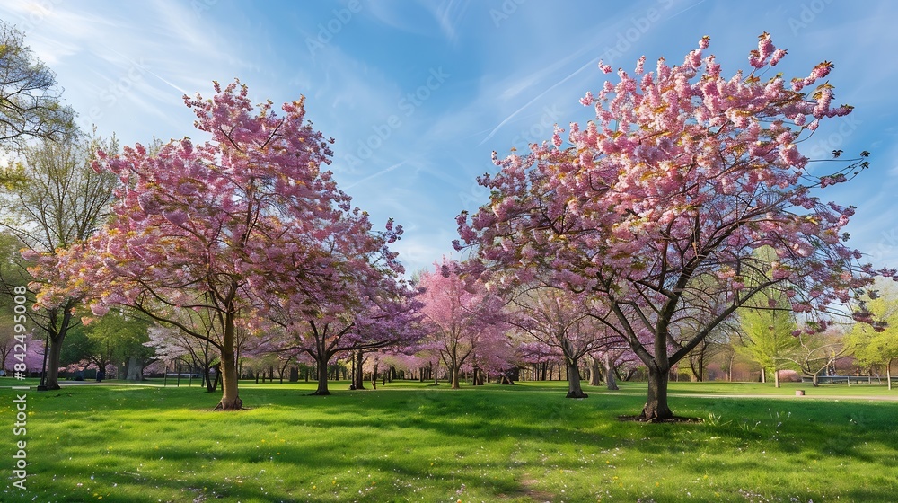 Naklejka premium Cherry tree blossom explosion in Hurd Park Dover New Jersey Same trees with green summer foliage can be found by searching for photo ID 707340079 : Generative AI