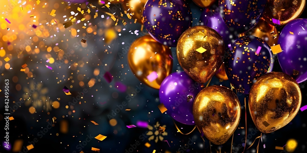Decorative Gold and Purple Balloons and Confetti as Event Backdrop. Concept Event Backdrop, Gold Balloons, Purple Balloons, Confetti, Decorative Display Decorative Gold and Purple Balloons and Confetti as Event Backdrop. Concept Event Backdrop, Gold Balloons, Purple Balloons, Confetti, Decorative Display