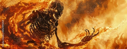 Side view illustration of a horror character, a menacing demon skeleton engulfed in fire flames, set against a backdrop of raging hellfire