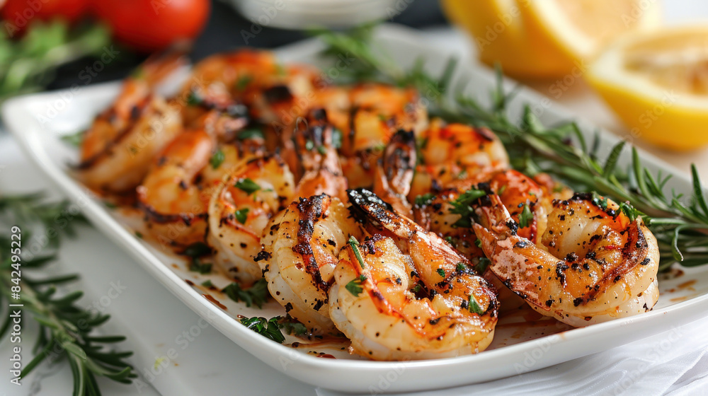 Tasty grilled shrimp, served on a spotless white dish Tasty grilled shrimp, served on a spotless white dish