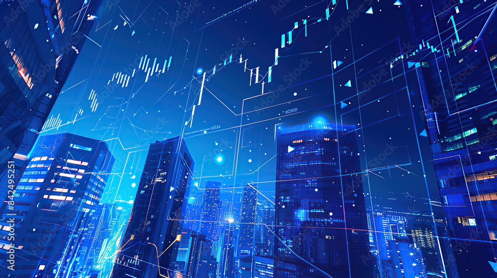 A stock market chart with upward trending lines over an urban skyline, A stock market chart with upward trending lines over an urban skyline,