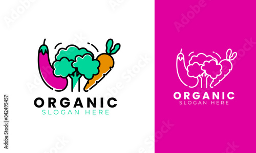 Organic vegetable logo design. Healthy food symbol with carrot, broccoli, and eggplant concept