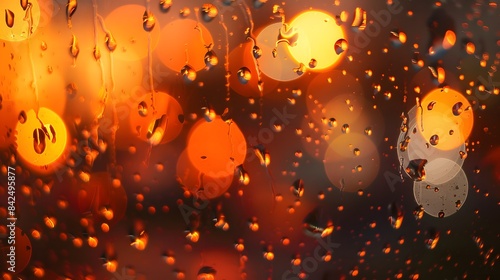 A raindrops on the window, with blurred lights in orange tones 