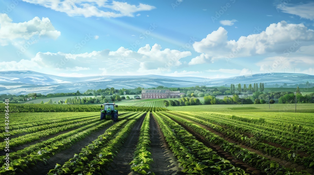 Beautiful green agricultural farm with working tractors. Beautiful green agricultural farm with working tractors.