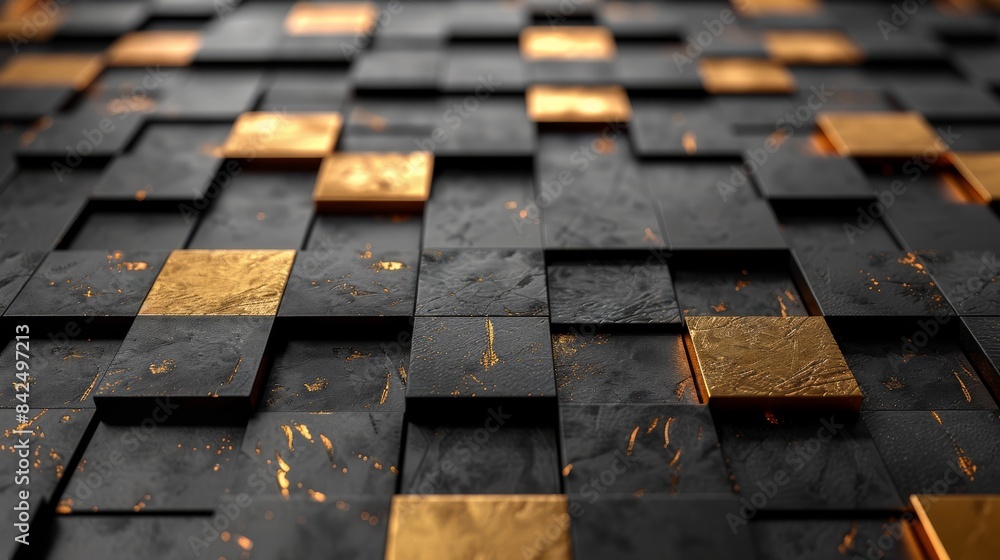 Close-up view of abstract golden and dark textured squares background, a trendy modern visual style.