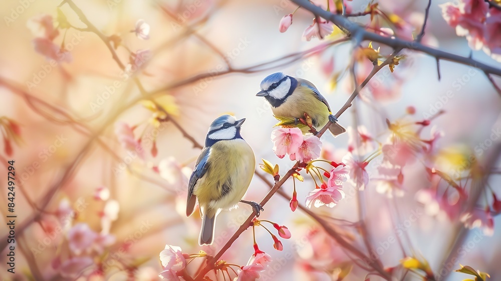 Fototapeta premium Little bird sitting on branch of blossom cherry tree The blue tit Spring time : Generative AI
