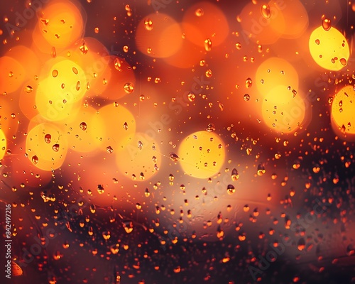 A raindrops on the window, with blurred lights in orange tones 