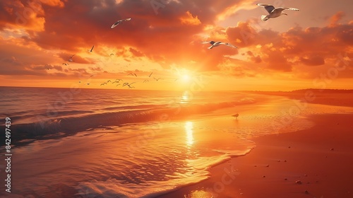 Pristine beach at sunset, with seagulls soaring overhead against a backdrop of fiery orange skies. © balqees