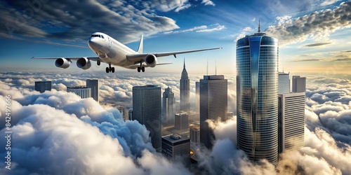 A commercial airliner descends through the clouds, skyscrapers and modern architecture towering over the runway in the foreground, airplane, landing, city, skyscrapers, modern, architecture