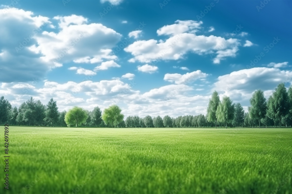 Fototapeta premium Blurred background of spring or summer nature background with green trees and grass lawn