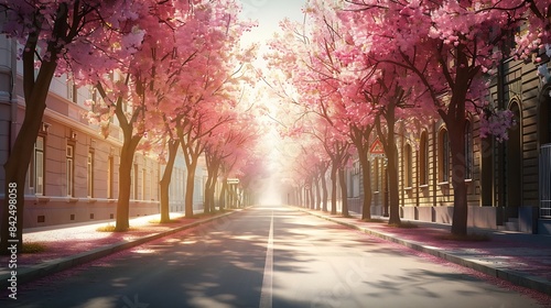 Cherry blossoms on city street : Generative AI © The Little Hut