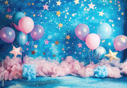 Birthday backdrop with balloons, stars and confetti
