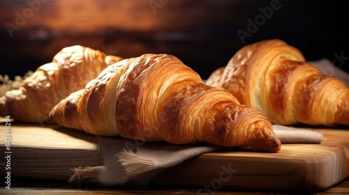 French croissants on a wooden background, close up photography wallpaper