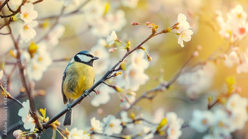 Little bird sitting on branch of blossom cherry tree The blue tit Spring time : Generative AI Little bird sitting on branch of blossom cherry tree The blue tit Spring time : Generative AI