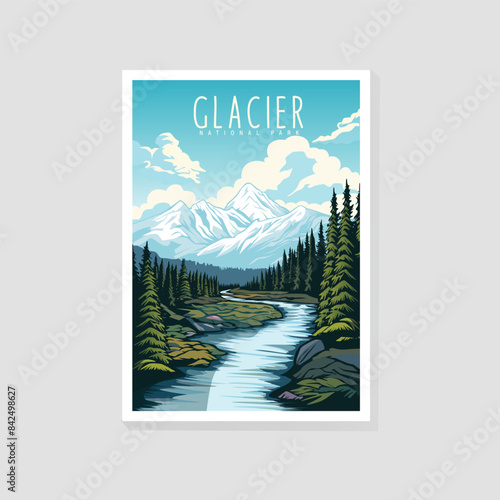 Glacier National Park poster illustration, Beautiful Mountain lake scenery photo