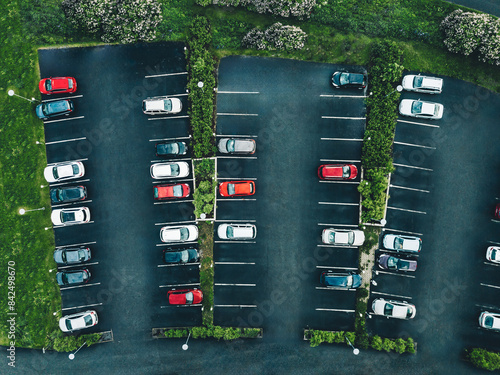 Aerial view of cars at car park, almost empty parking lot in Finland.