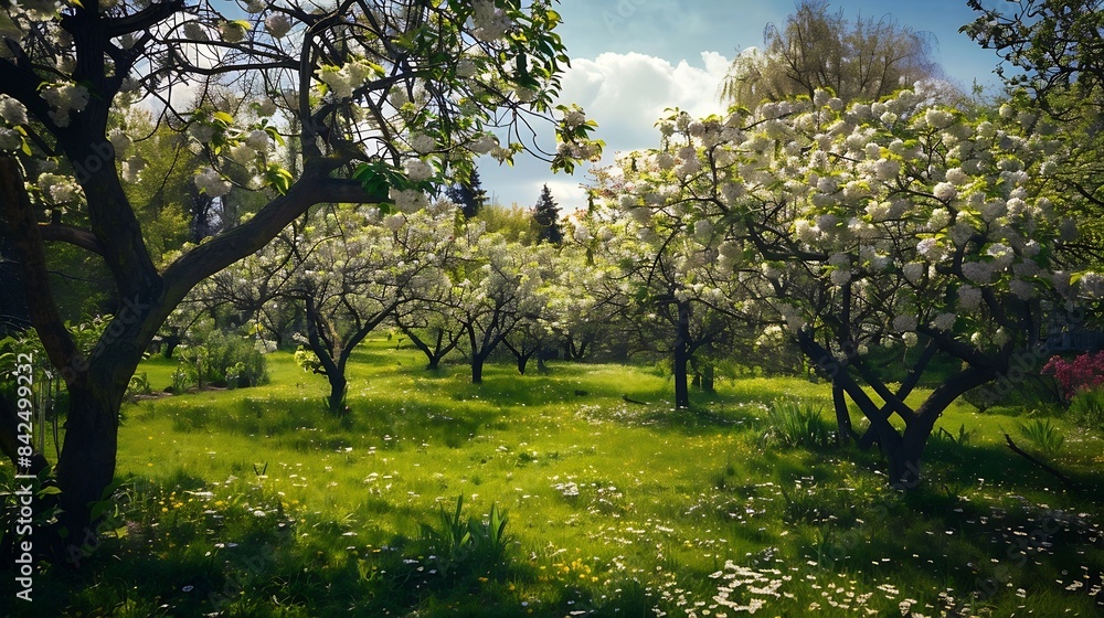 Incredible ornamental garden with blooming lush trees on a sunny day Seasonal background Flowering orchard in spring time Scenic image of trees in dramatic garden Beauty of earth Ukrai : Generative AI