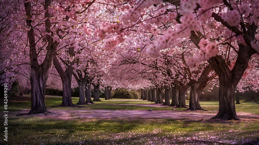 Naklejka premium Cherry tree blossom explosion in Hurd Park Dover New Jersey Same trees with green summer foliage can be found by searching for photo ID 707340079 : Generative AI