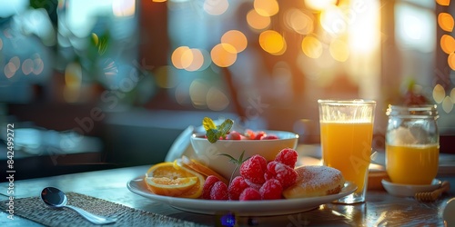 Breakfast Plate With Orange Juice and Fruit. Generative AI