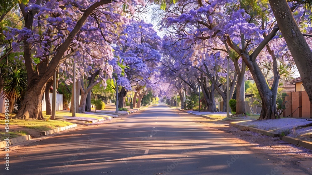 Empty street covered by blooming purple jacaranda trees : Generative AI Empty street covered by blooming purple jacaranda trees : Generative AI