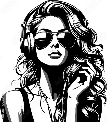 Silhouette potrait of woman wear sunglasses listening music with headphone 