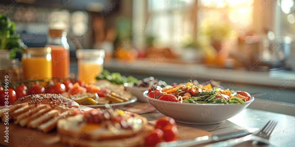 Sunny Kitchen Table Breakfast With Salad. Generative AI Sunny Kitchen Table Breakfast With Salad. Generative AI