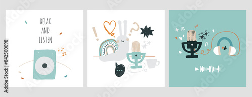 Set of postcard record studio device. headphones, microphones, speaker. Concept of podcast, radio, broadcasting. Hand drawn vector illustration. Flat cartoon style for music