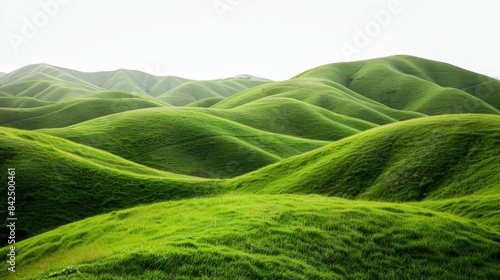 A picturesque landscape of rolling green hills set against a white background. The lush, grassy hills create a sense of tranquility and serenity, evoking natural beauty and peacefulness.
