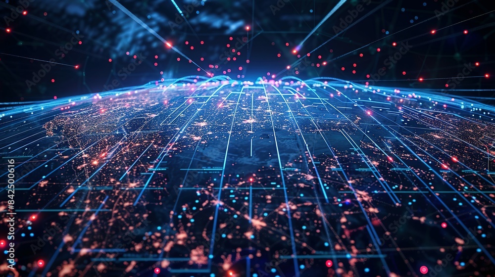 Fototapeta premium Digital world globe representing global network and connectivity on Earth, featuring high-speed data transfer, cyber technology, information exchange, and international telecommunications.