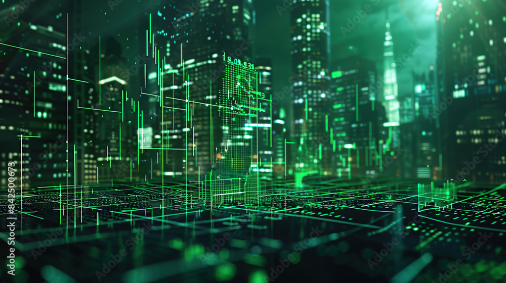 modern financial stock market background in the style of green trading chart and cityscape modern financial stock market background in the style of green trading chart and cityscape