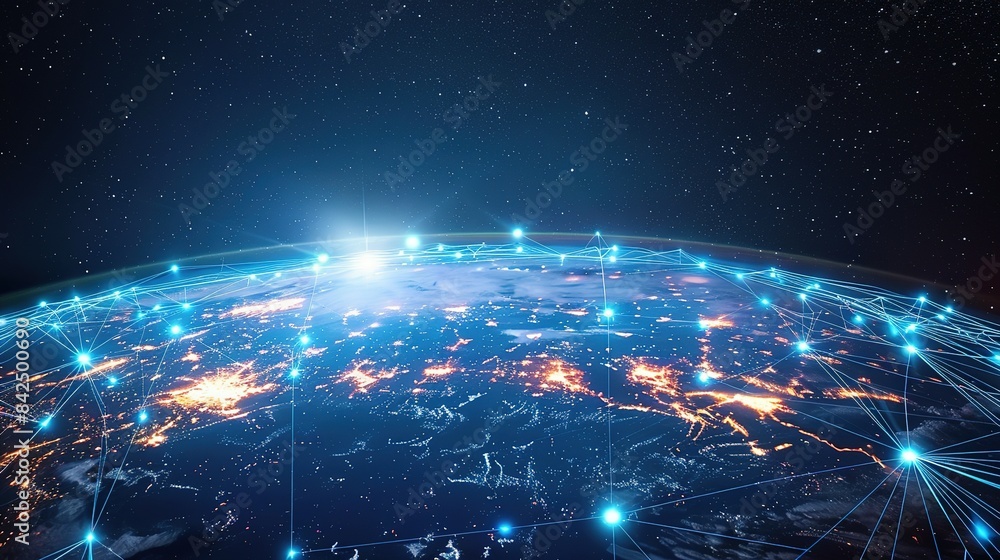 Obraz premium Digital world globe representing global network and connectivity on Earth, featuring high-speed data transfer, cyber technology, information exchange, and international telecommunications.