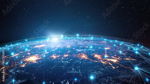 Digital world globe representing global network and connectivity on Earth, featuring high-speed data transfer, cyber technology, information exchange, and international telecommunications.