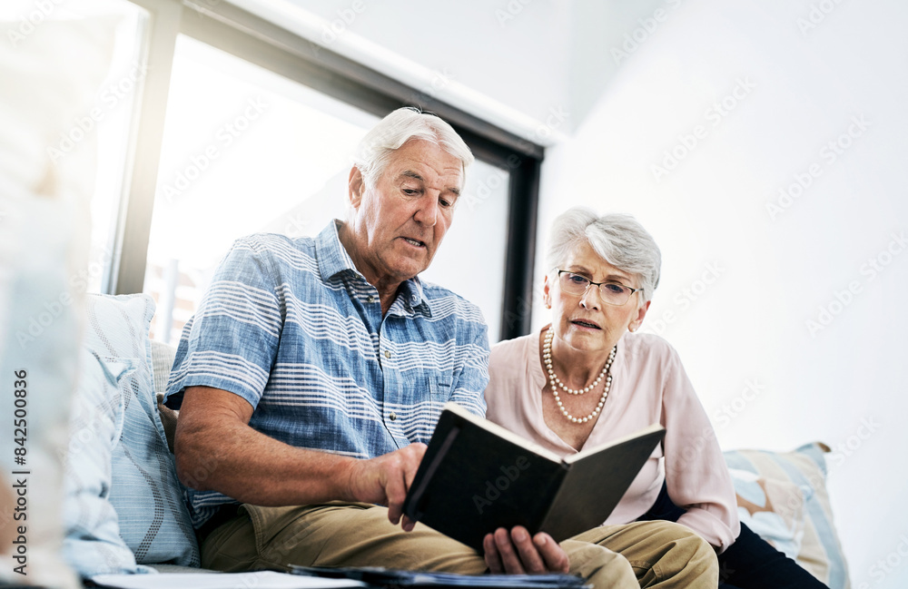 Senior couple, living room and reading on notebook in sofa at home with shopping list for household. People, relationship and planning with budget, saving and document for insurance and manage assets Senior couple, living room and reading on notebook in sofa at home with shopping list for household. People, relationship and planning with budget, saving and document for insurance and manage assets