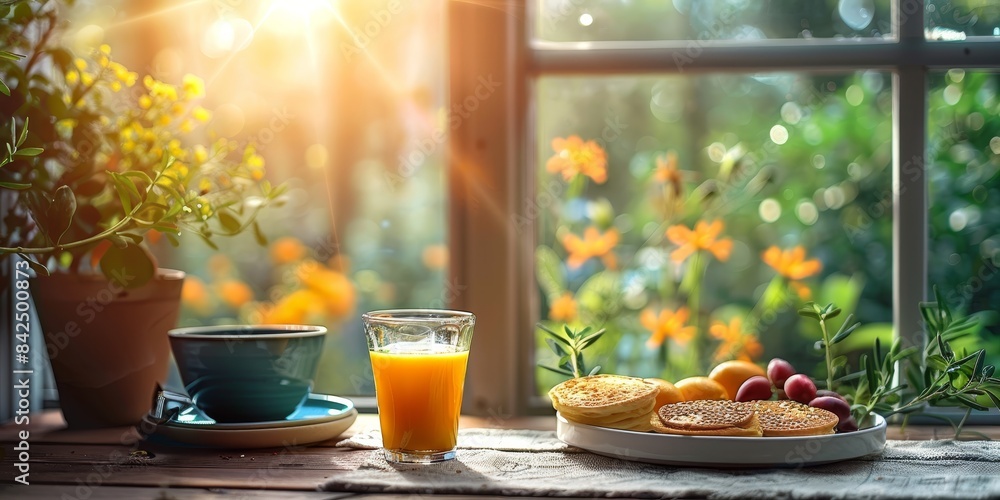 Sunny Morning Breakfast by the Window. Generative AI Sunny Morning Breakfast by the Window. Generative AI