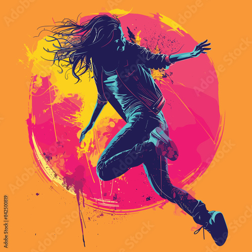 Young female dancer silhouette performing energetic breakdance move, vibrant orange pink abstract background. Dynamic hip hop dance, urban street style, colorful energetic background splash, jump