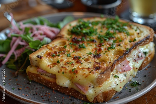 Croque Monsieur A Croque Monsieur sandwich with melted cheese and ham, topped with a golden bechamel sauce. Served with a side of mixed greens.