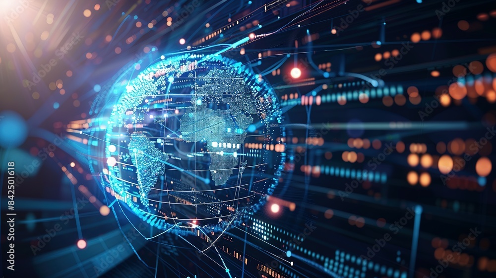 Fototapeta premium Digital world globe representing global network and connectivity on Earth, featuring high-speed data transfer, cyber technology, information exchange, and international telecommunications.