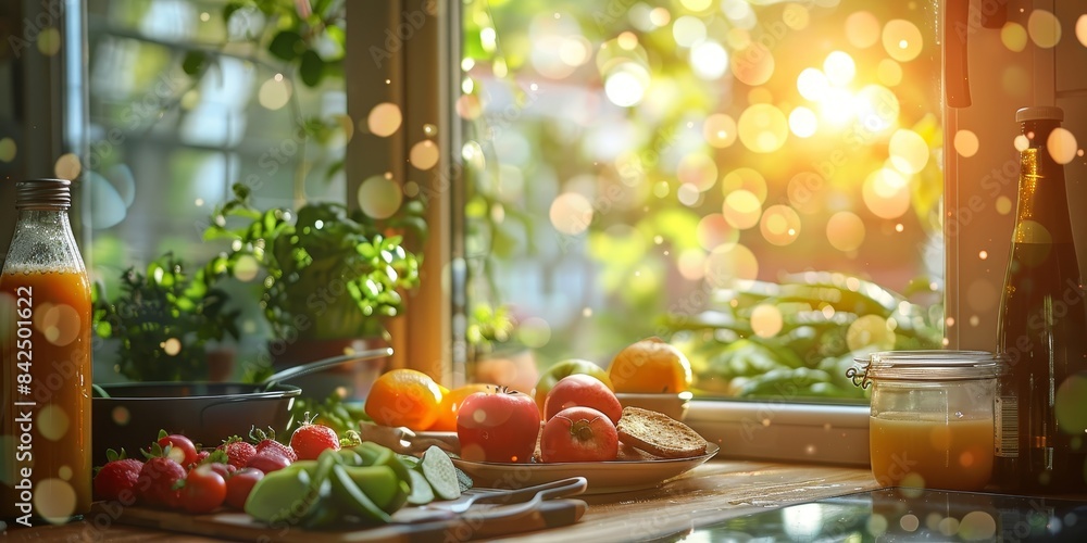 Sunny Kitchen Window With Fresh Produce. Generative AI Sunny Kitchen Window With Fresh Produce. Generative AI