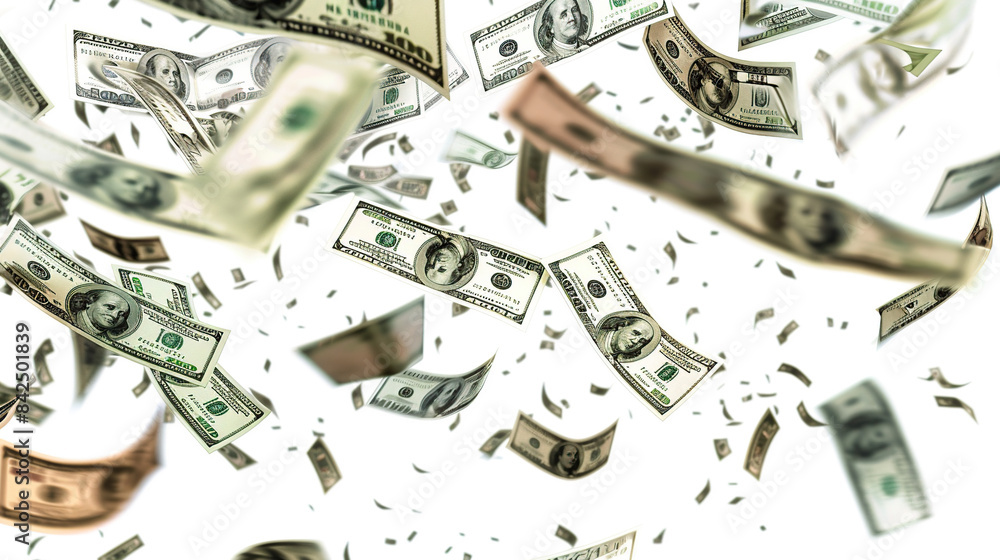 The stained dollar bills falling and flying in the air against a white background in the style The stained dollar bills falling and flying in the air against a white background in the style
