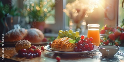 Sunny Morning Breakfast With Fruit and Bread. Generative AI